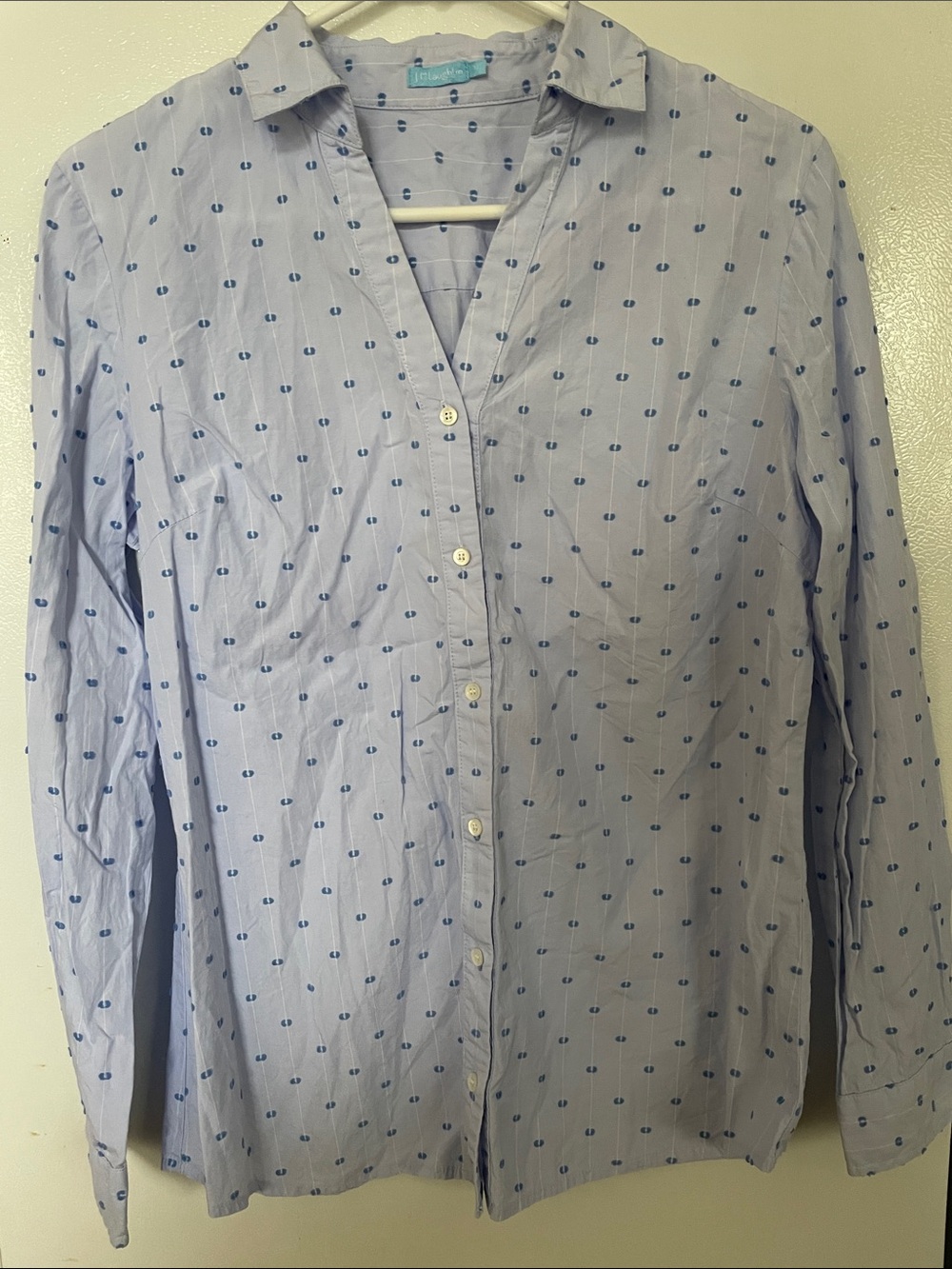 J. McLaughlin Medium 100% Cotton Collar V Neck Light Blue ButtonDown Blue Design